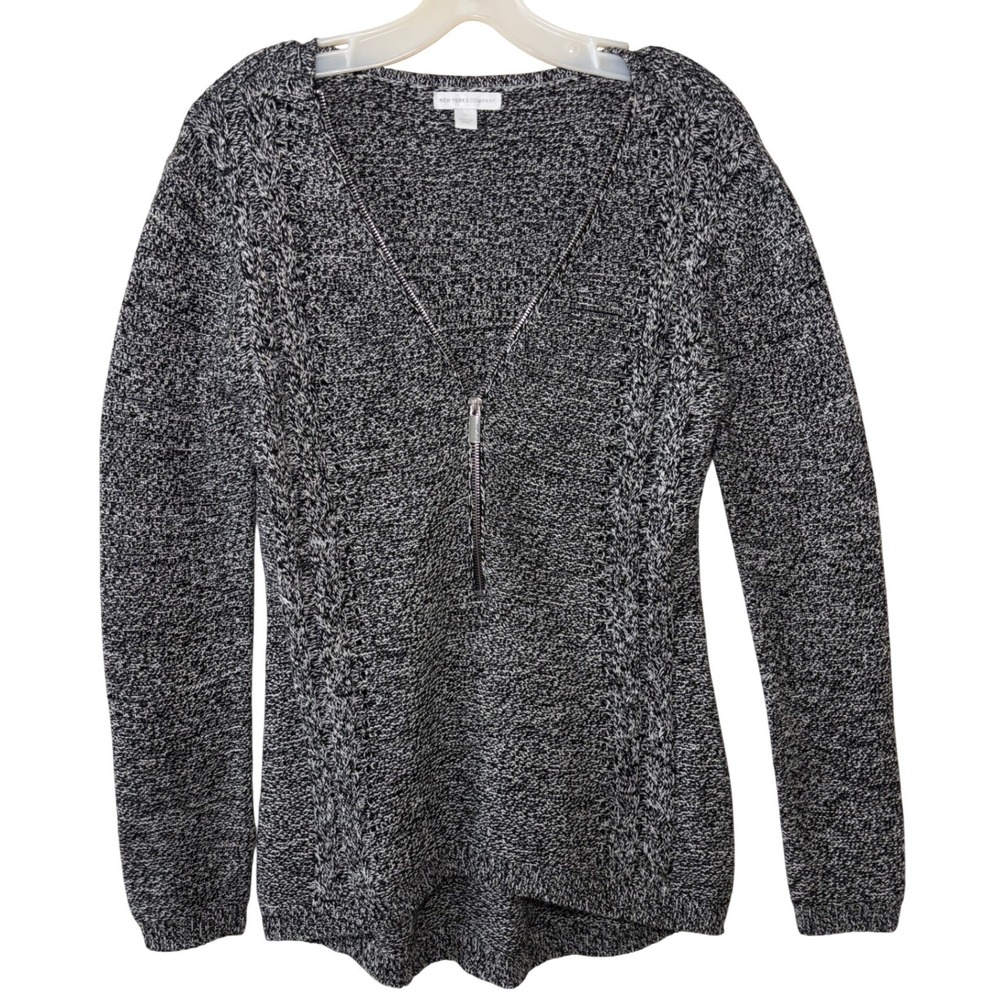 New York & Company Womens XS Black White Marled Cable Knit Half Zip Sweater